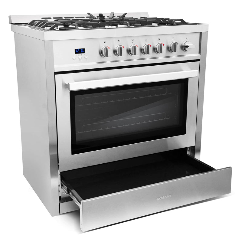 Cosmo 36-Inch 3.8 Cu. Ft. Single Oven Gas Range with 5 Burner Cooktop in Stainless Steel (COS-965AGC)