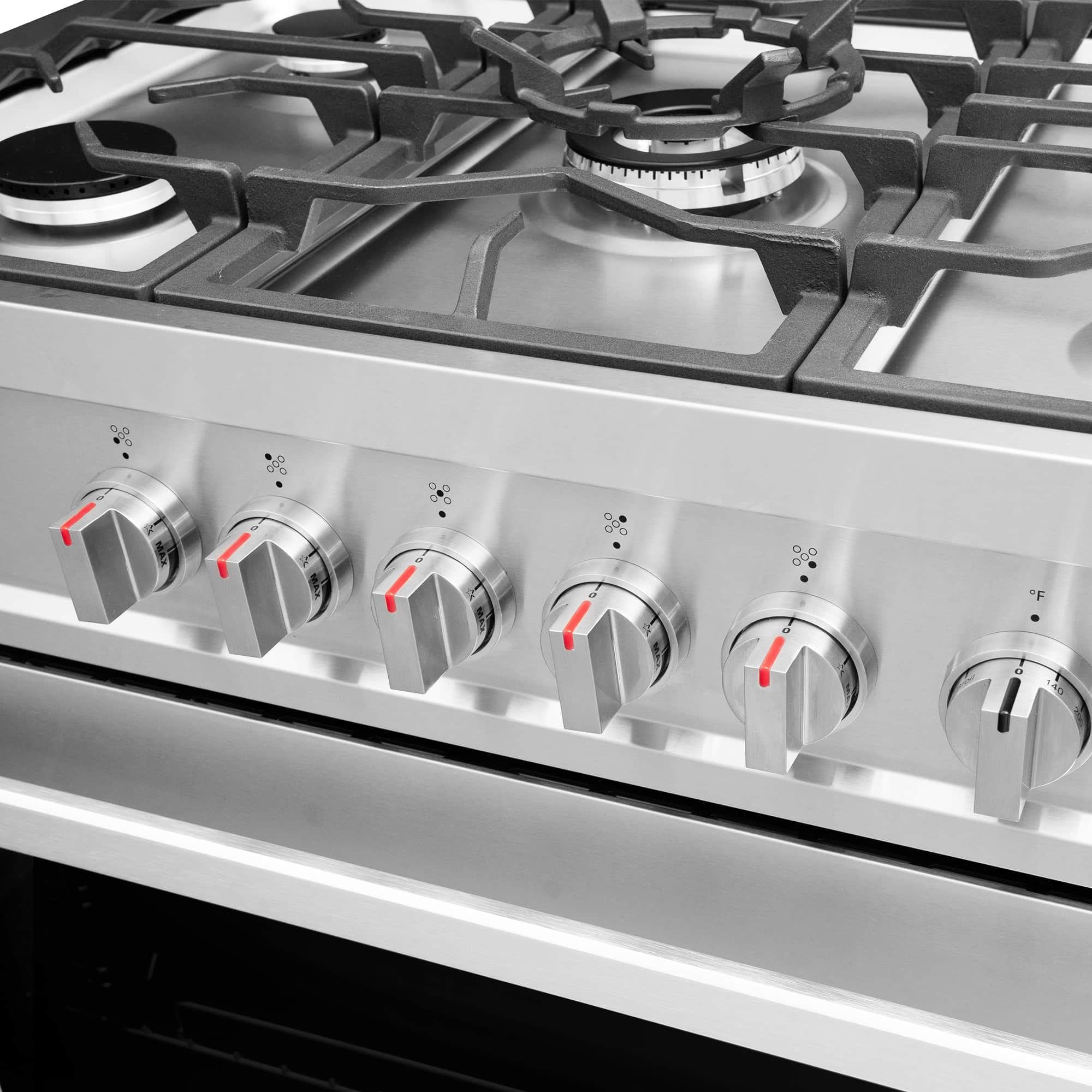 Stainless steel gas range control knobs and burner indicators on front panel