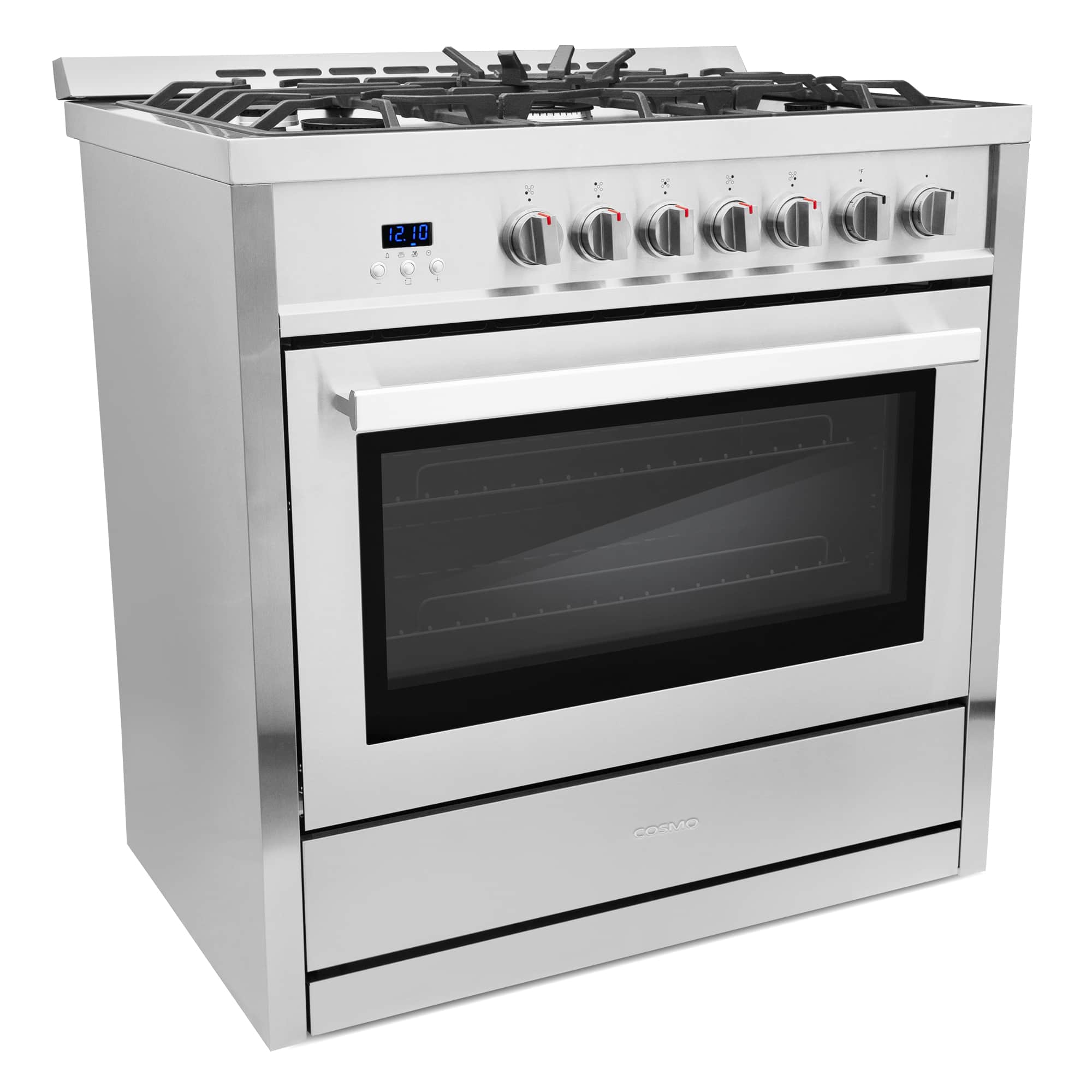 Stainless steel single gas range with cooktop, oven window, and front controls