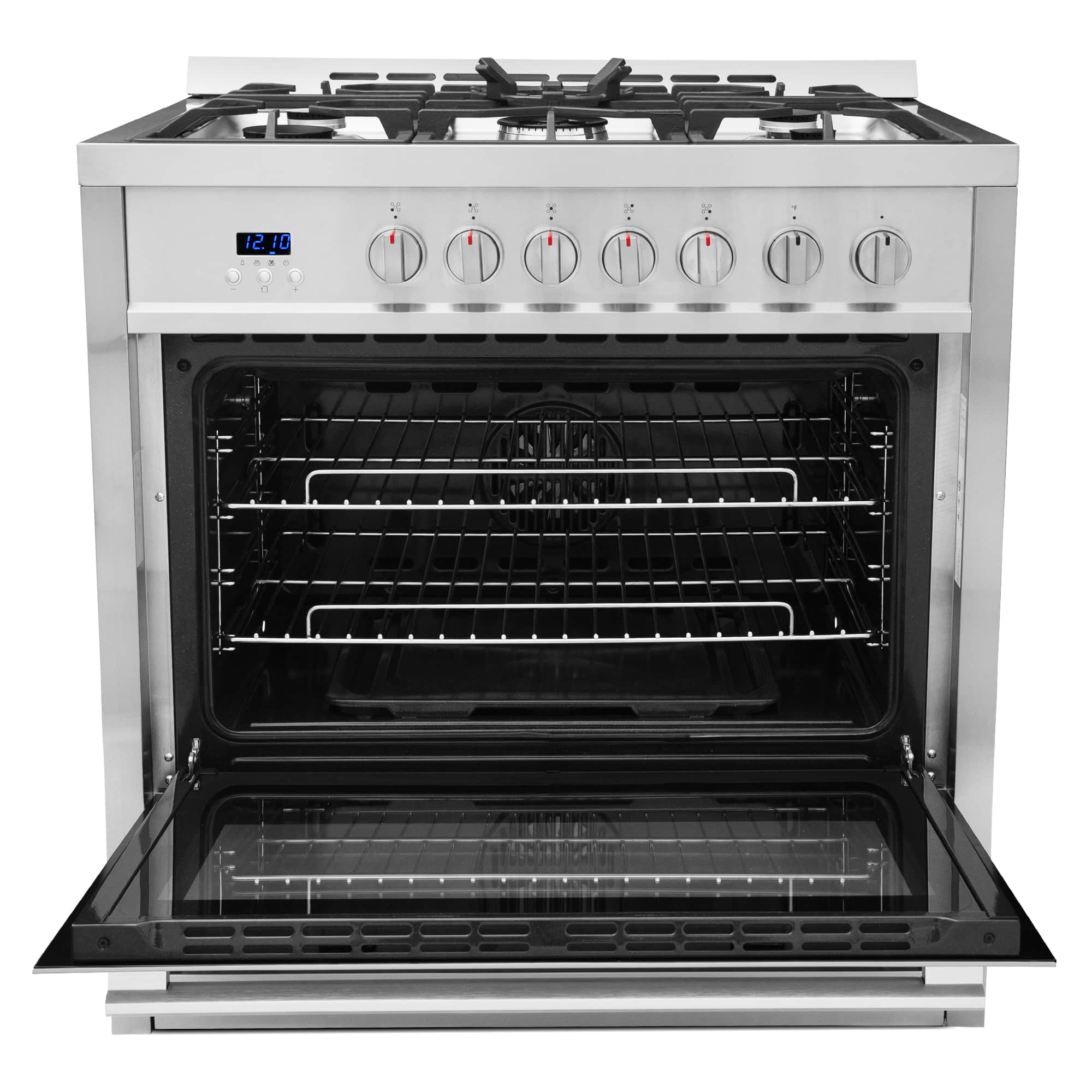 Stainless steel 5-burner gas range with open oven door and front control knobs