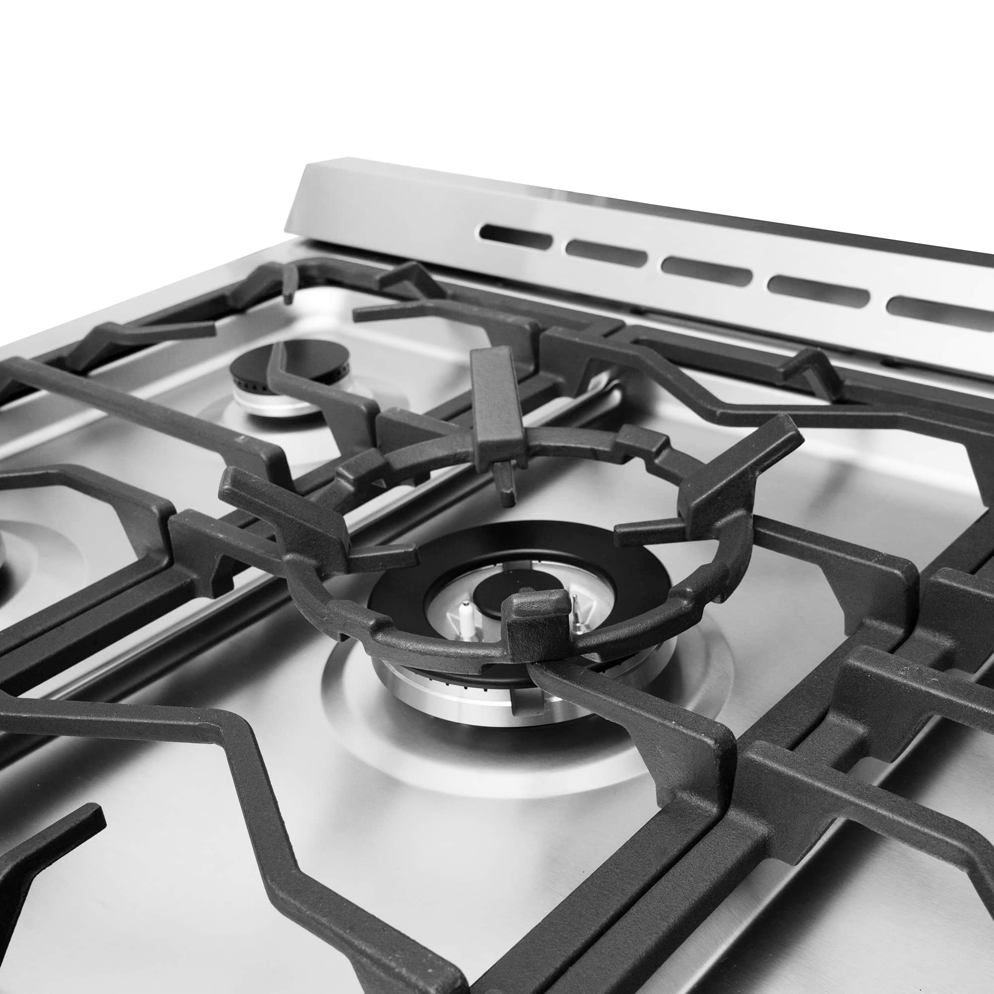 Gas cooktop burner with cast-iron grate and centered burner cap