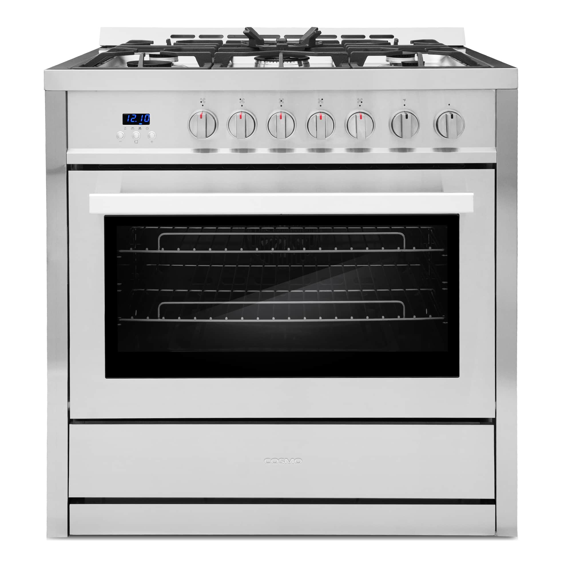 Stainless steel 5-burner gas range with oven door window and burner control dials
