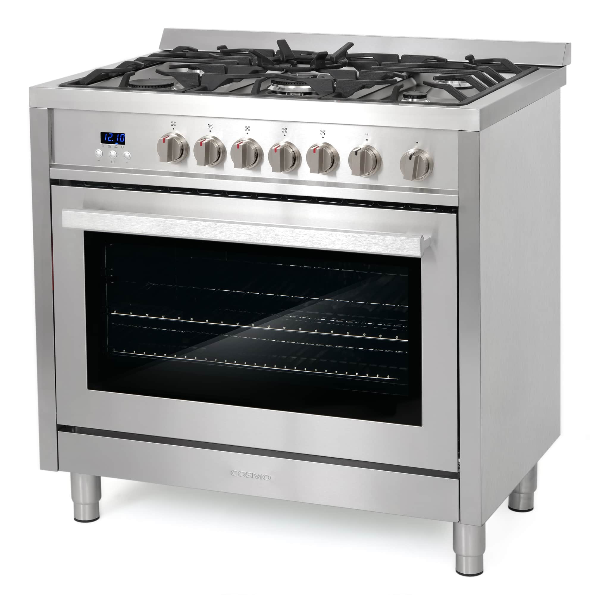 Stainless steel gas range with 5-burner cooktop and oven door