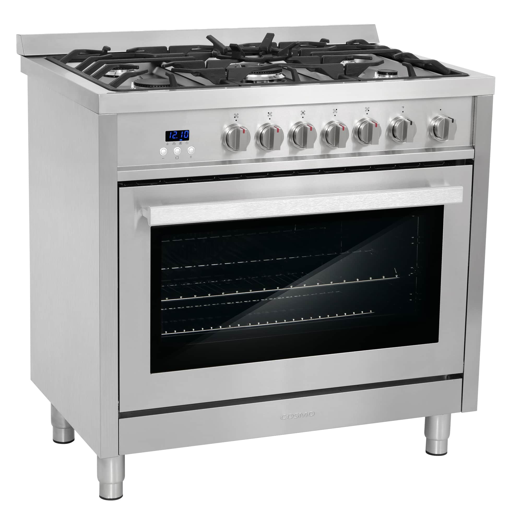 Stainless steel gas range with 5-burner cooktop and windowed oven door