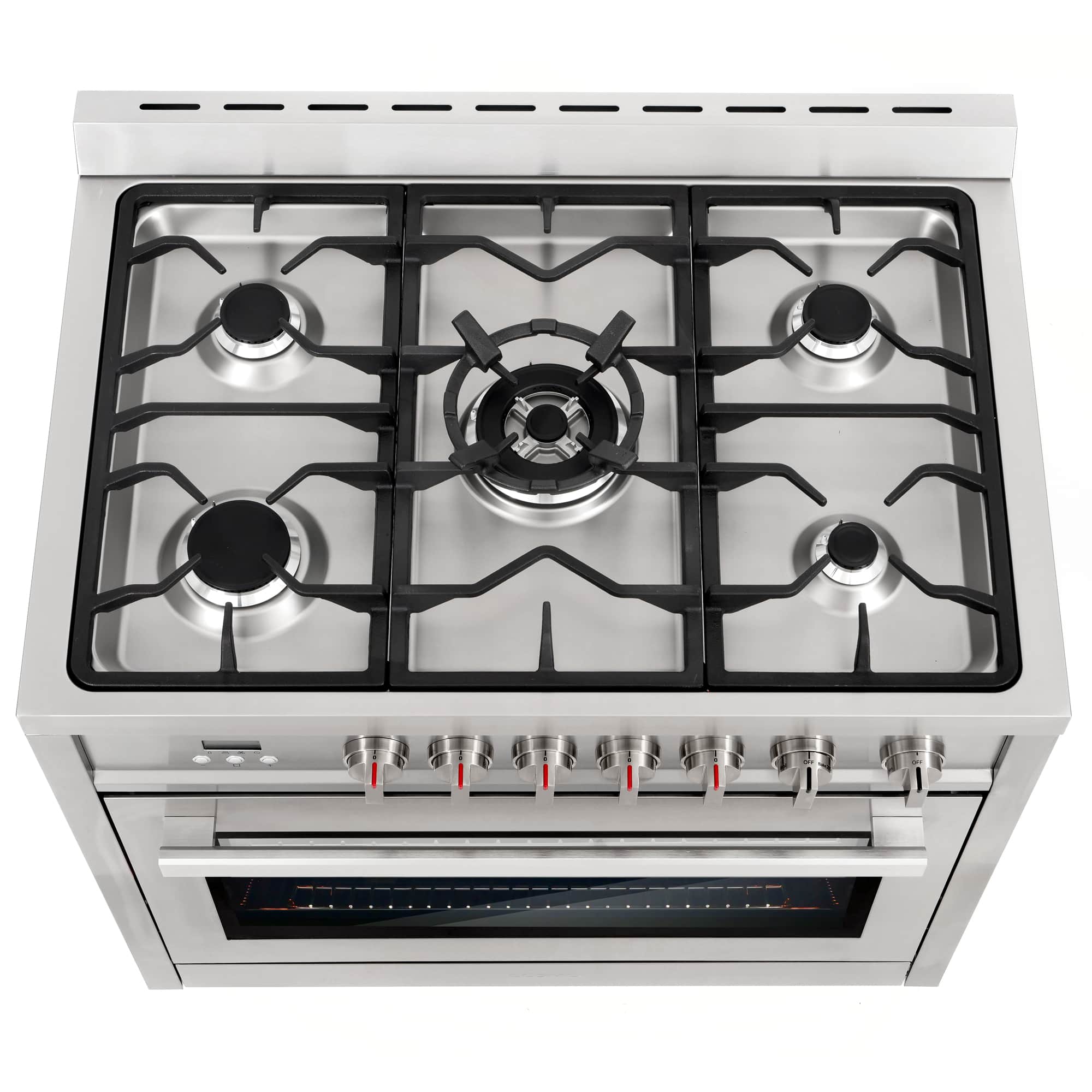 Stainless steel gas range showing five grates and burner caps on cooktop