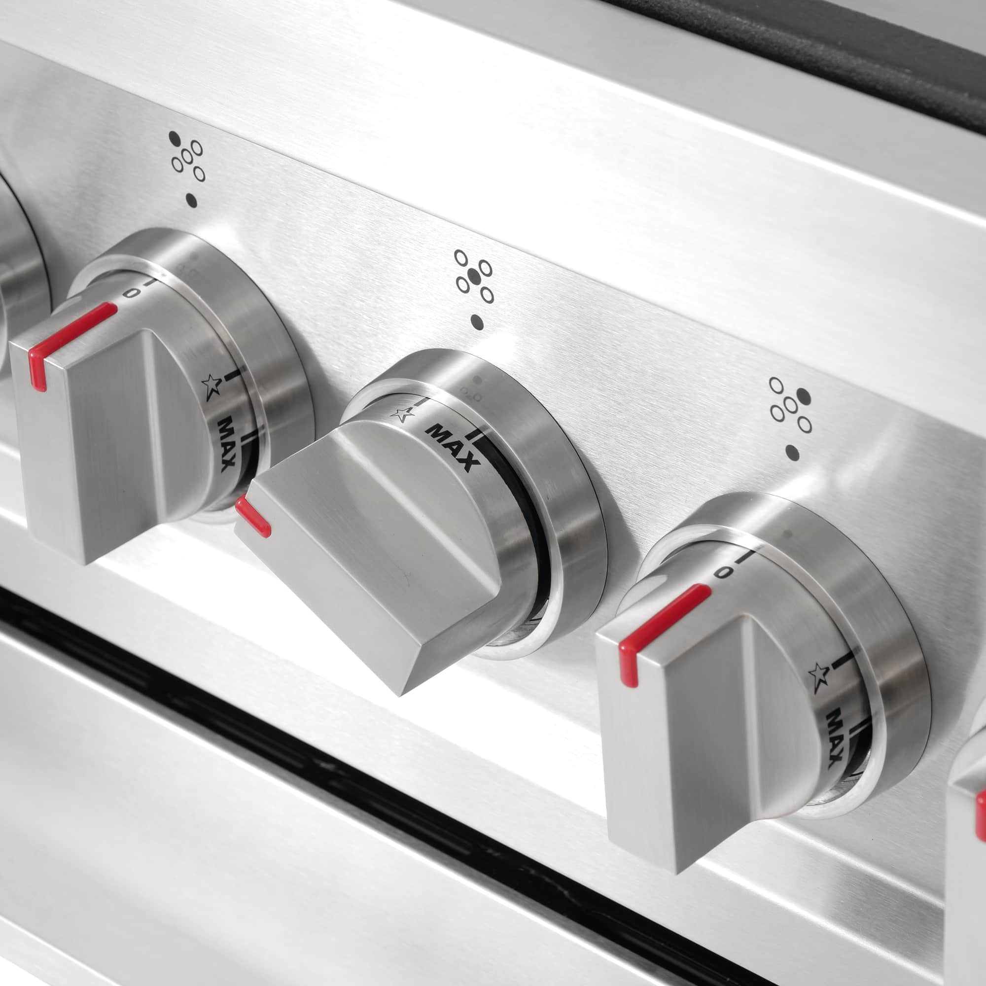 Stainless steel gas range control knobs with flame setting indicators