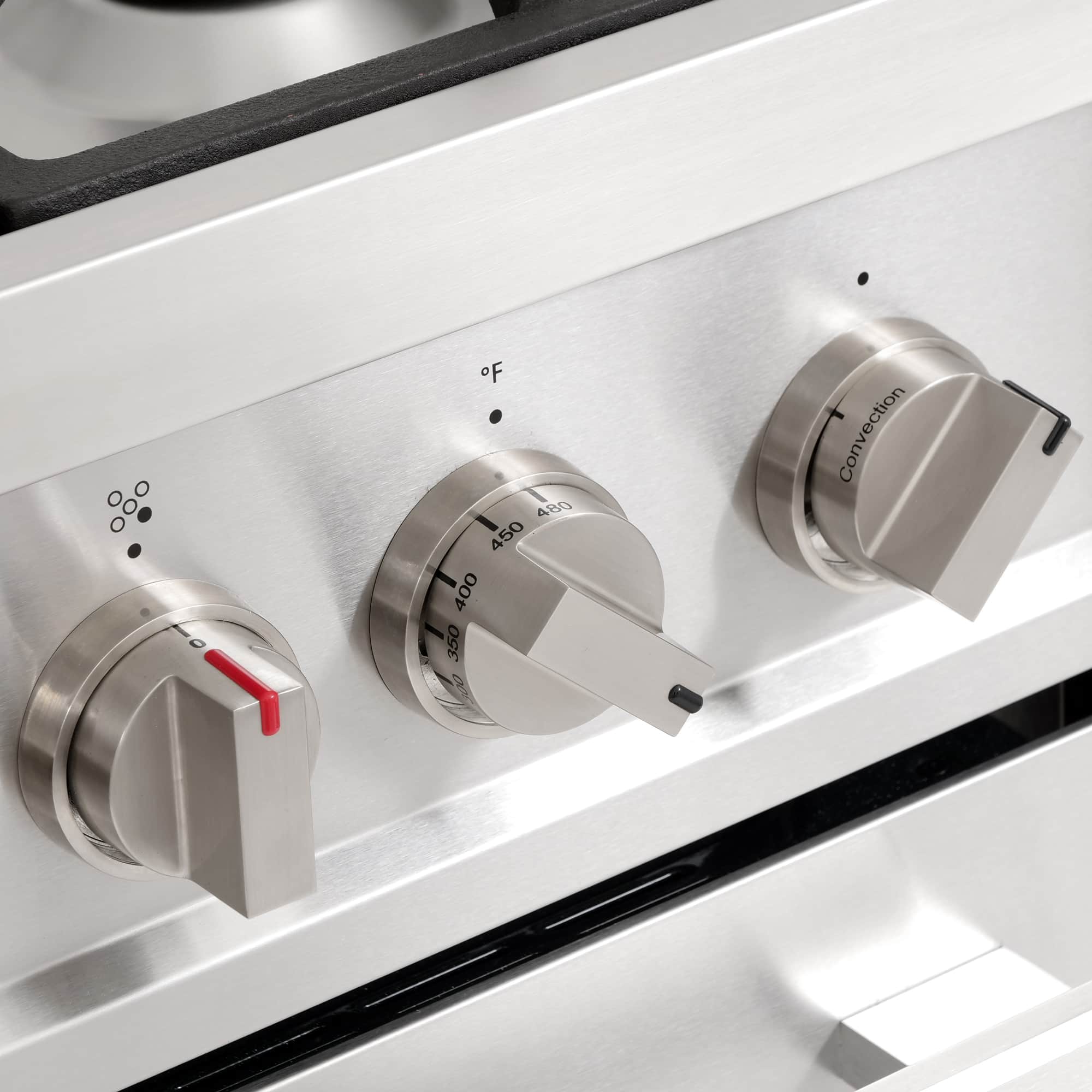 Stainless steel gas range oven and cooktop knobs with temperature markings