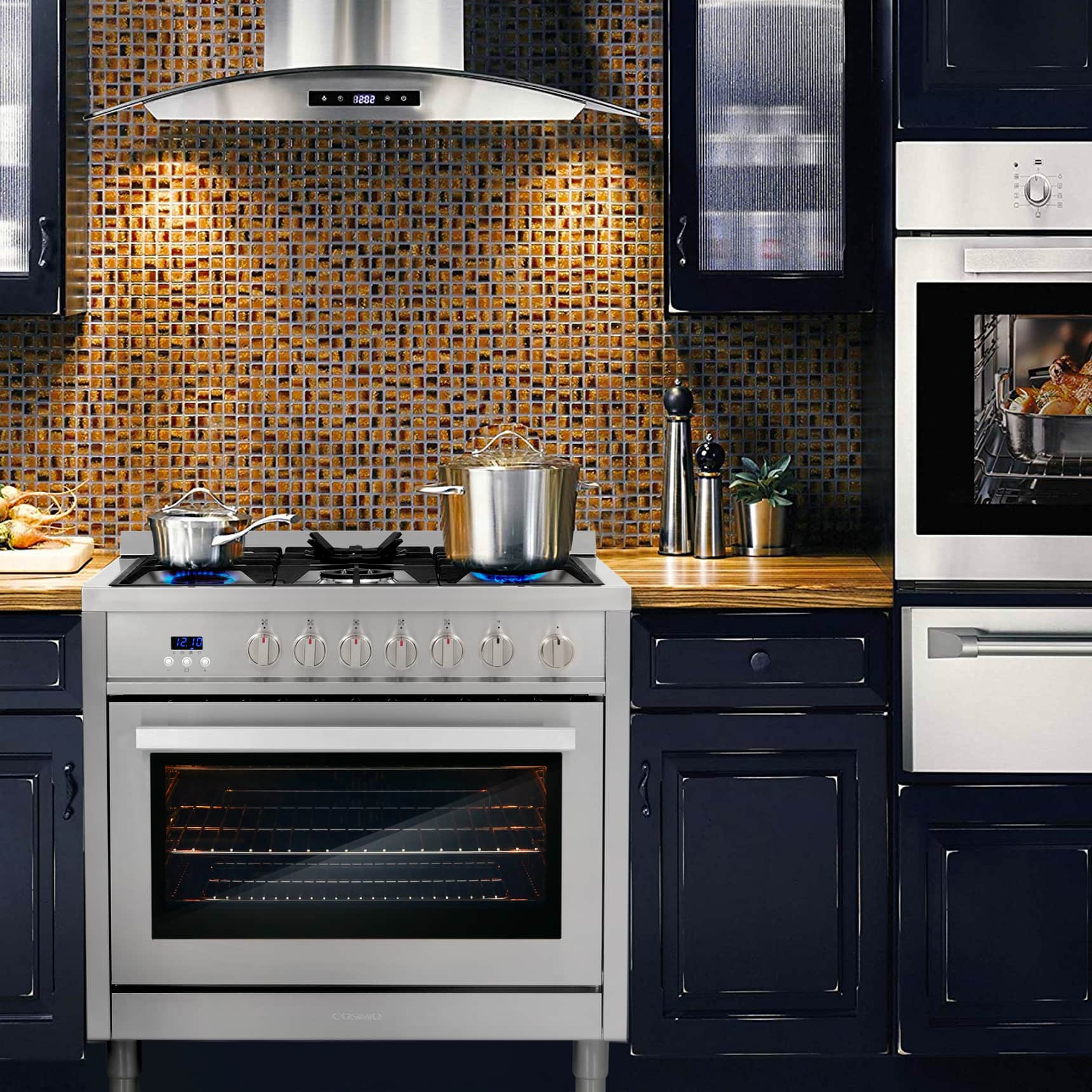 Stainless steel gas range with 5-burner cooktop and oven door