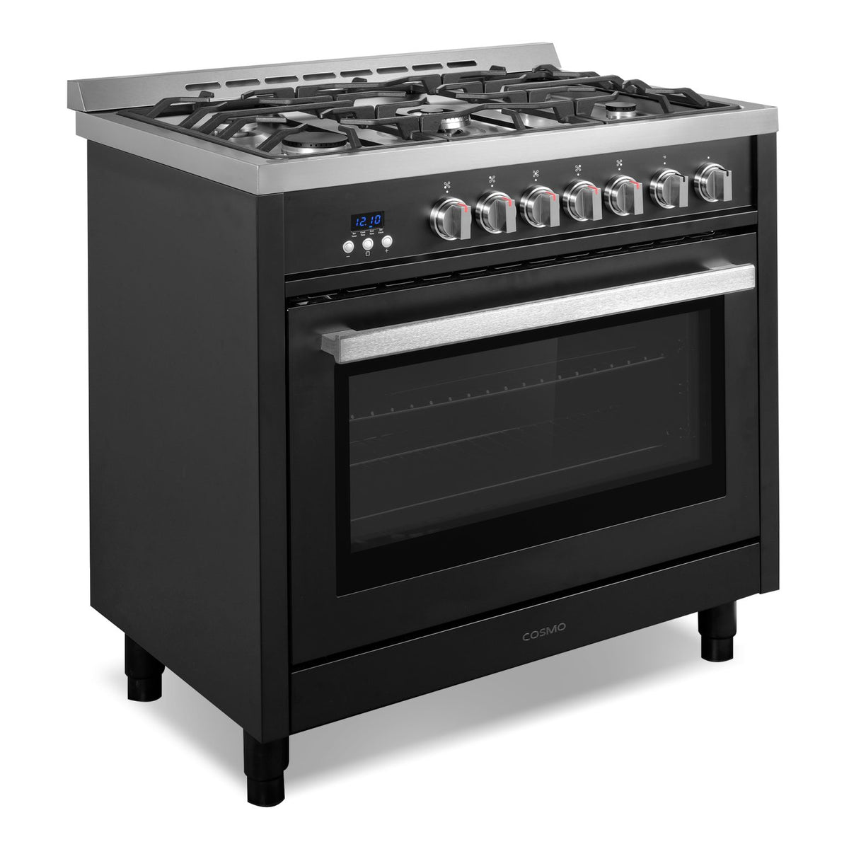 Matte black gas range with 5 burners and stainless trim, control panel and windowed oven door