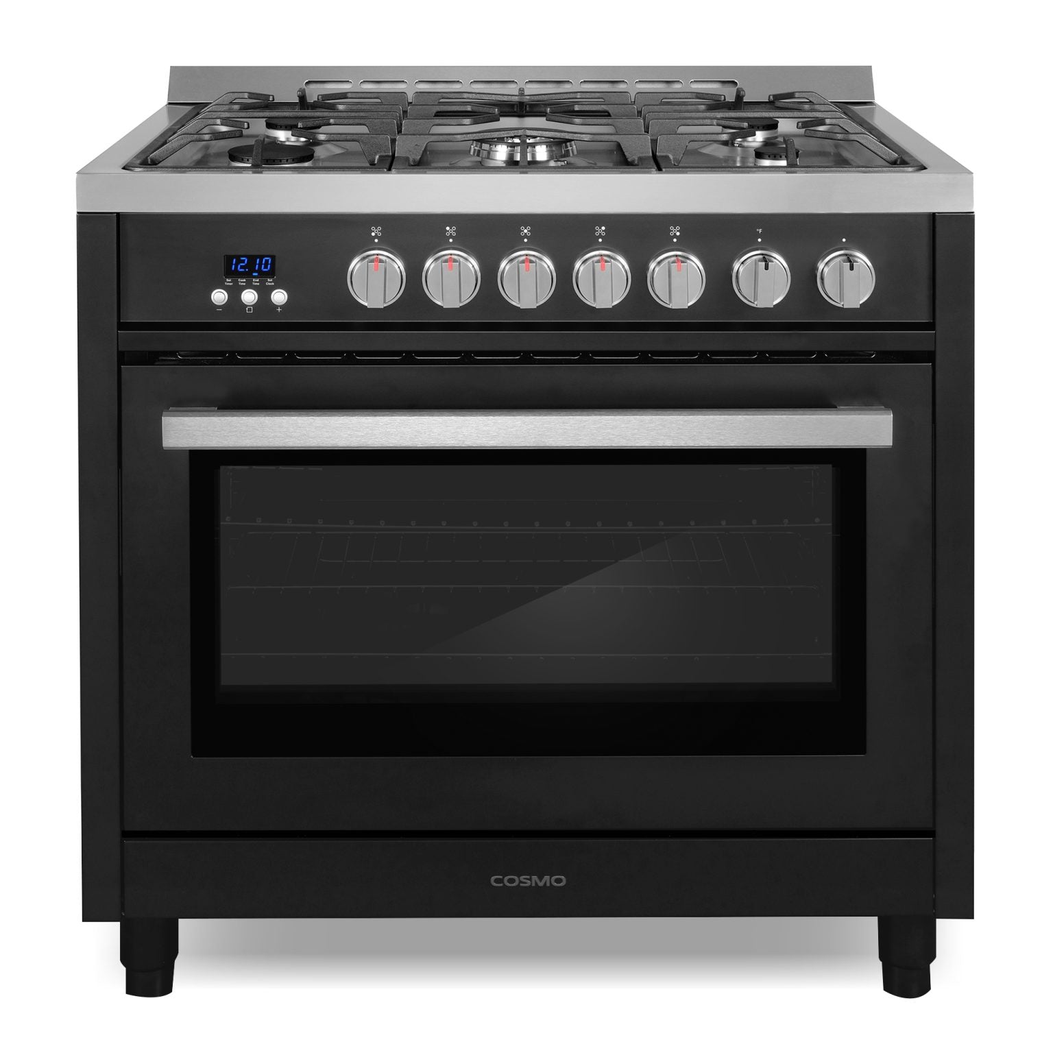 Matte black gas range with 5 burner cooktop, stainless trim, and closed convection oven door