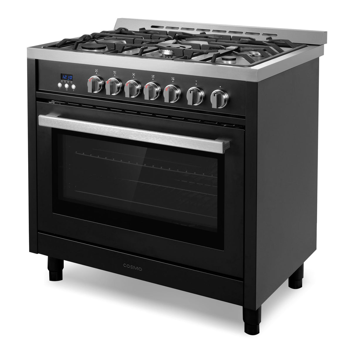 Matte black gas range with 5 burners, stainless trim, control knobs, closed convection oven