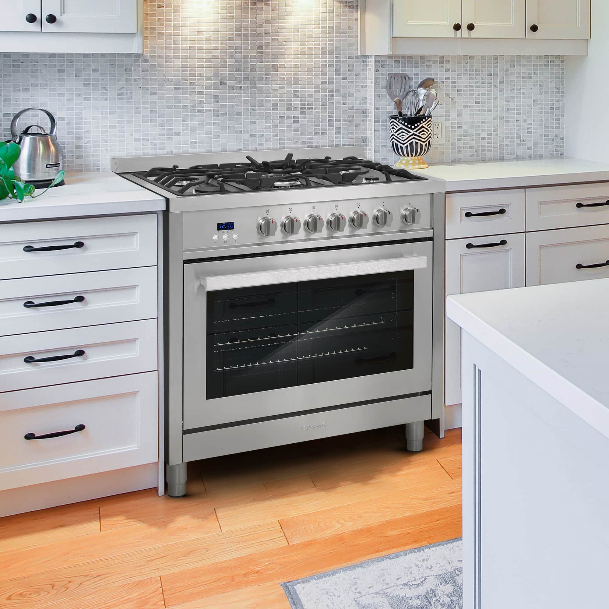Stainless steel gas range with 5-burner cooktop and oven door window