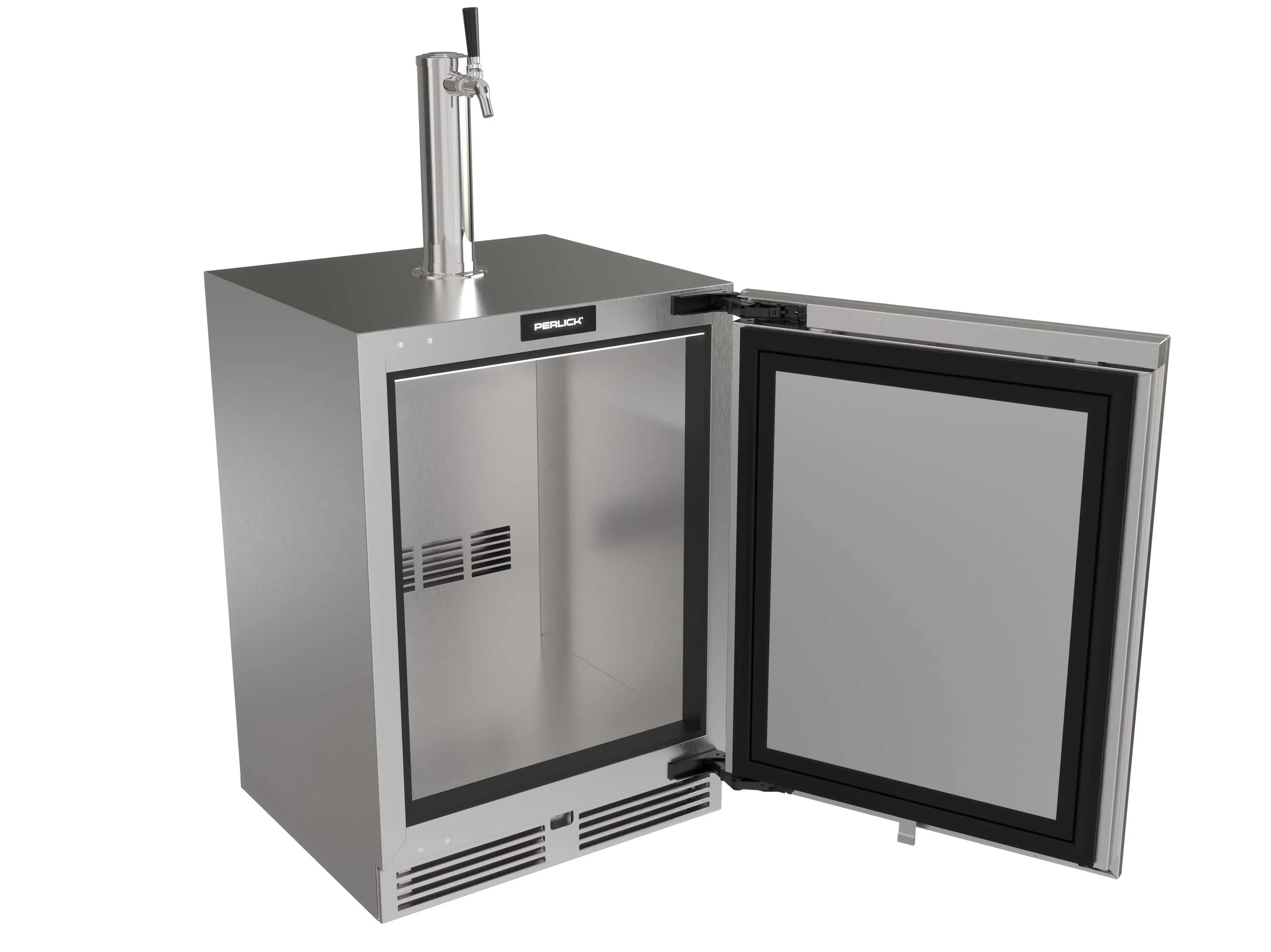Undercounter beverage dispenser with open door and recessed interior, stainless steel