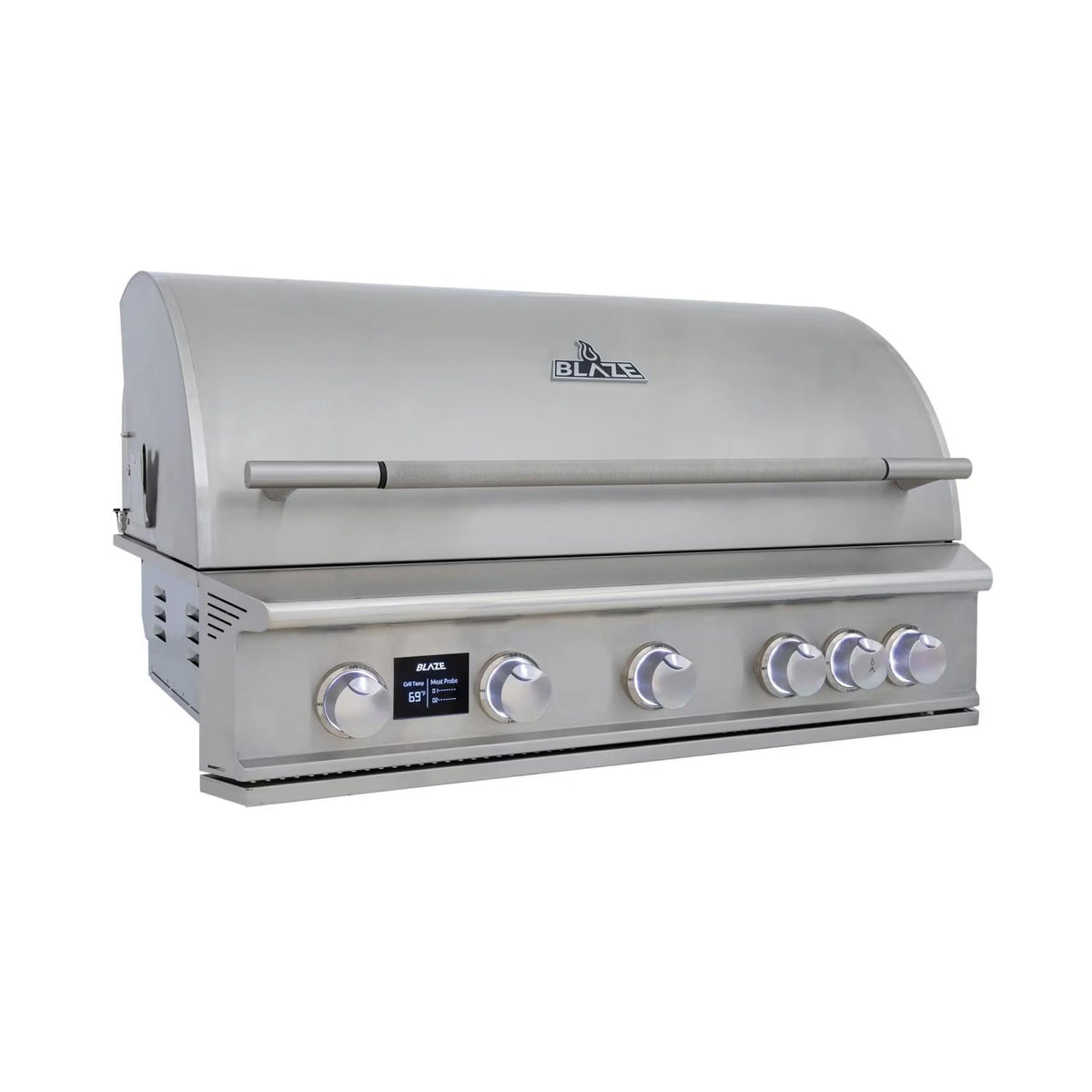 Stainless steel built-in natural gas grill with hood, warming bar, and front burner knobs