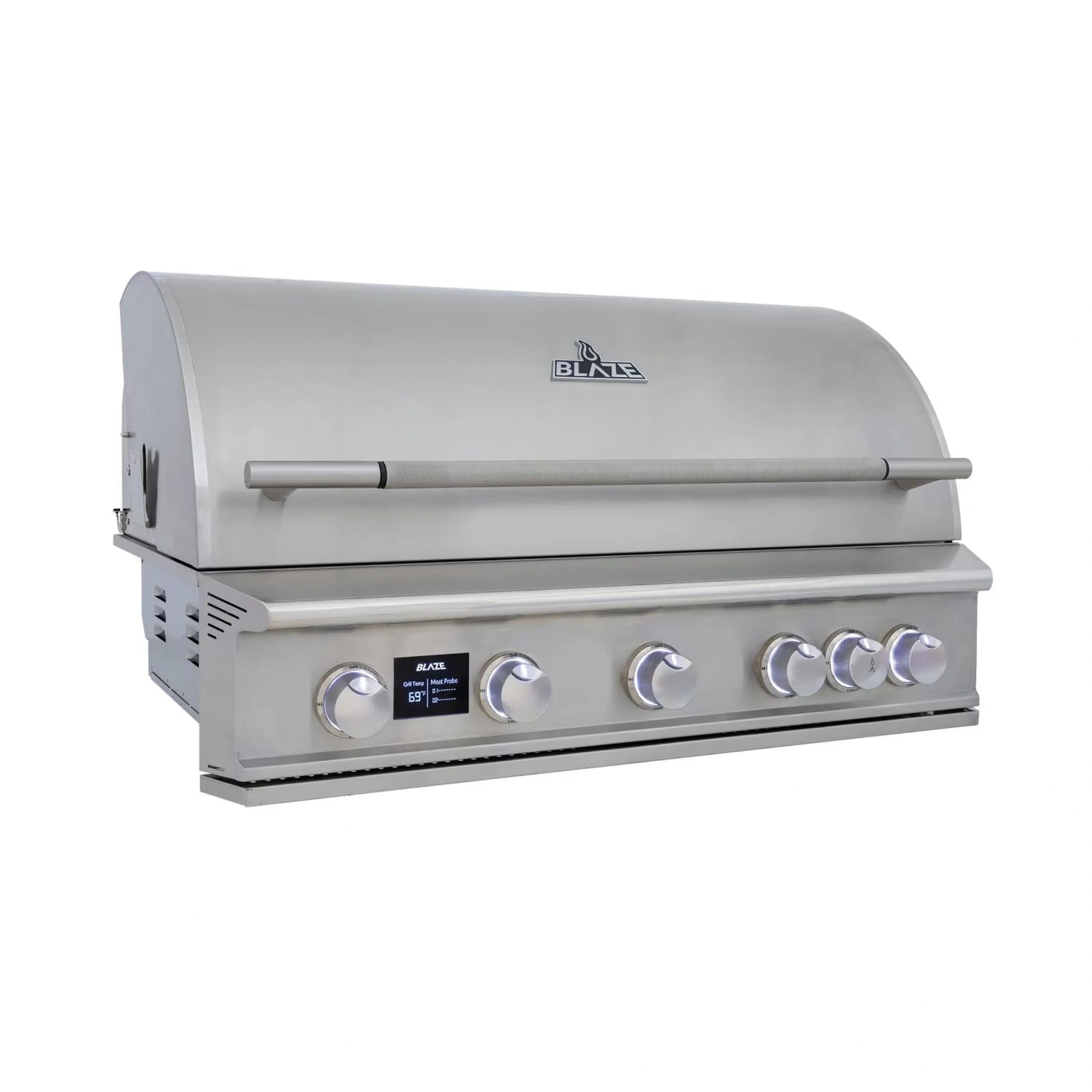 Stainless steel built-in propane gas grill with lid and front control knobs