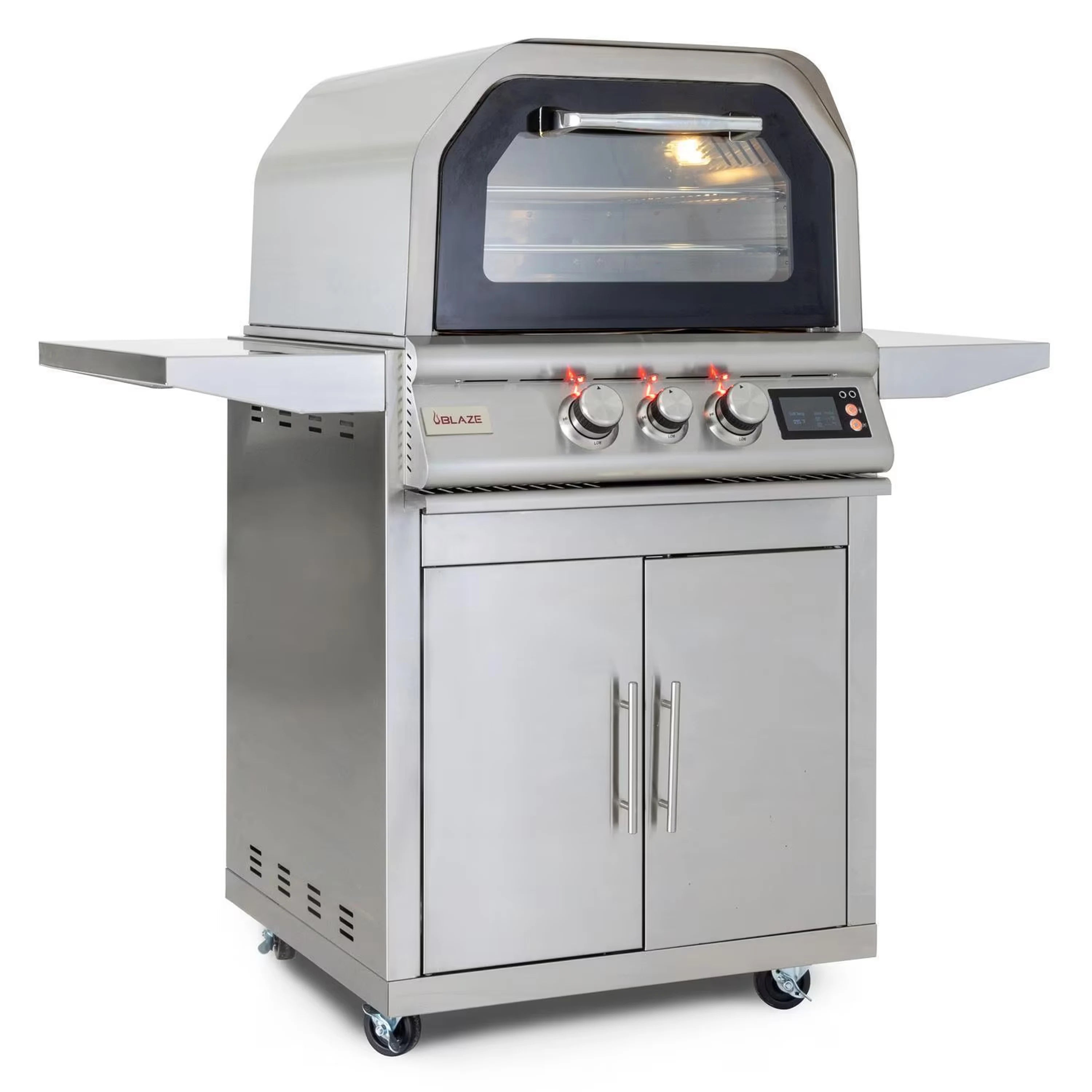 Outdoor propane pizza oven with glass viewing window and lit interior, open front hood