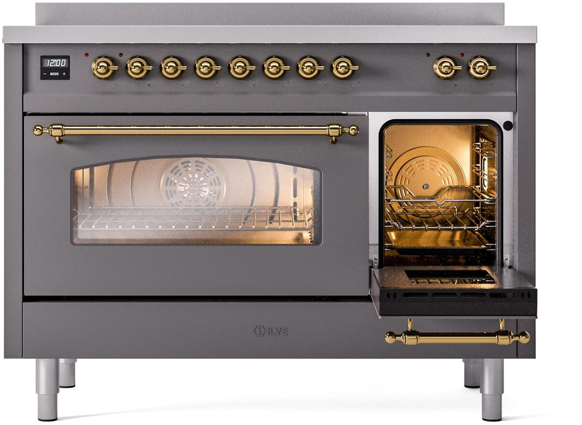 Matte graphite induction range with open oven and brass-trimmed handle, interior light on.