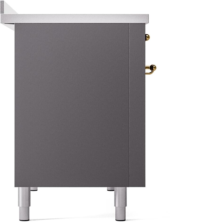 Matte graphite side panel of a 48-inch induction range with metal leveling feet.
