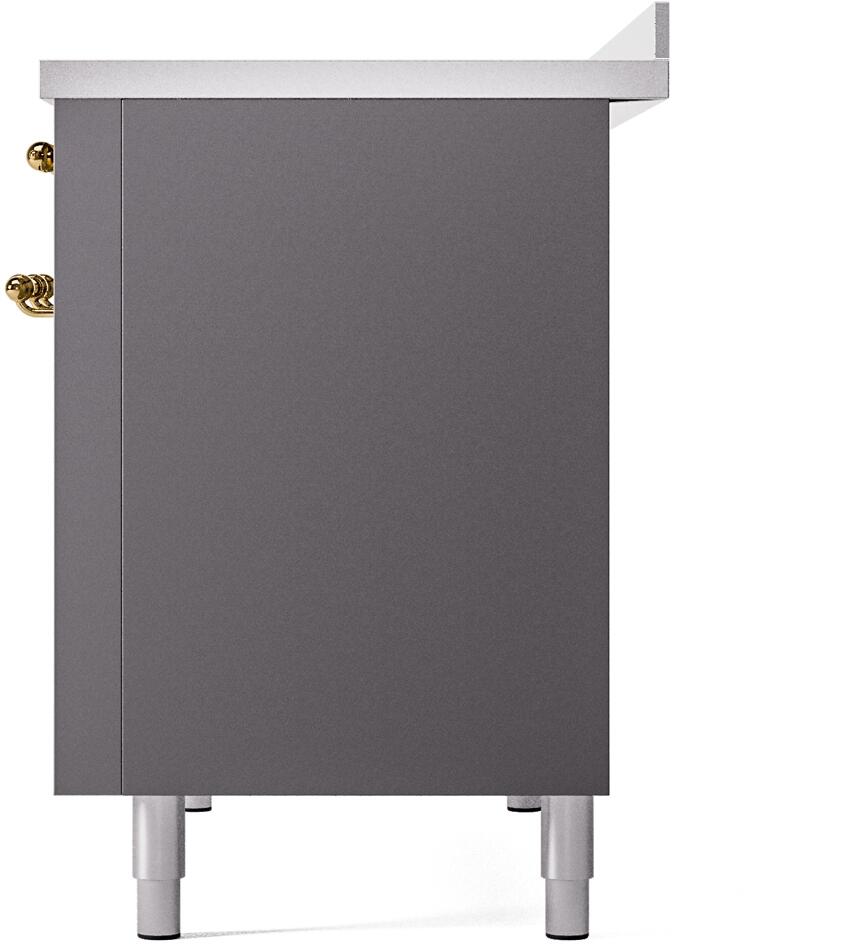 Matte graphite lower side panel of a 48-inch induction range with brass corner details.