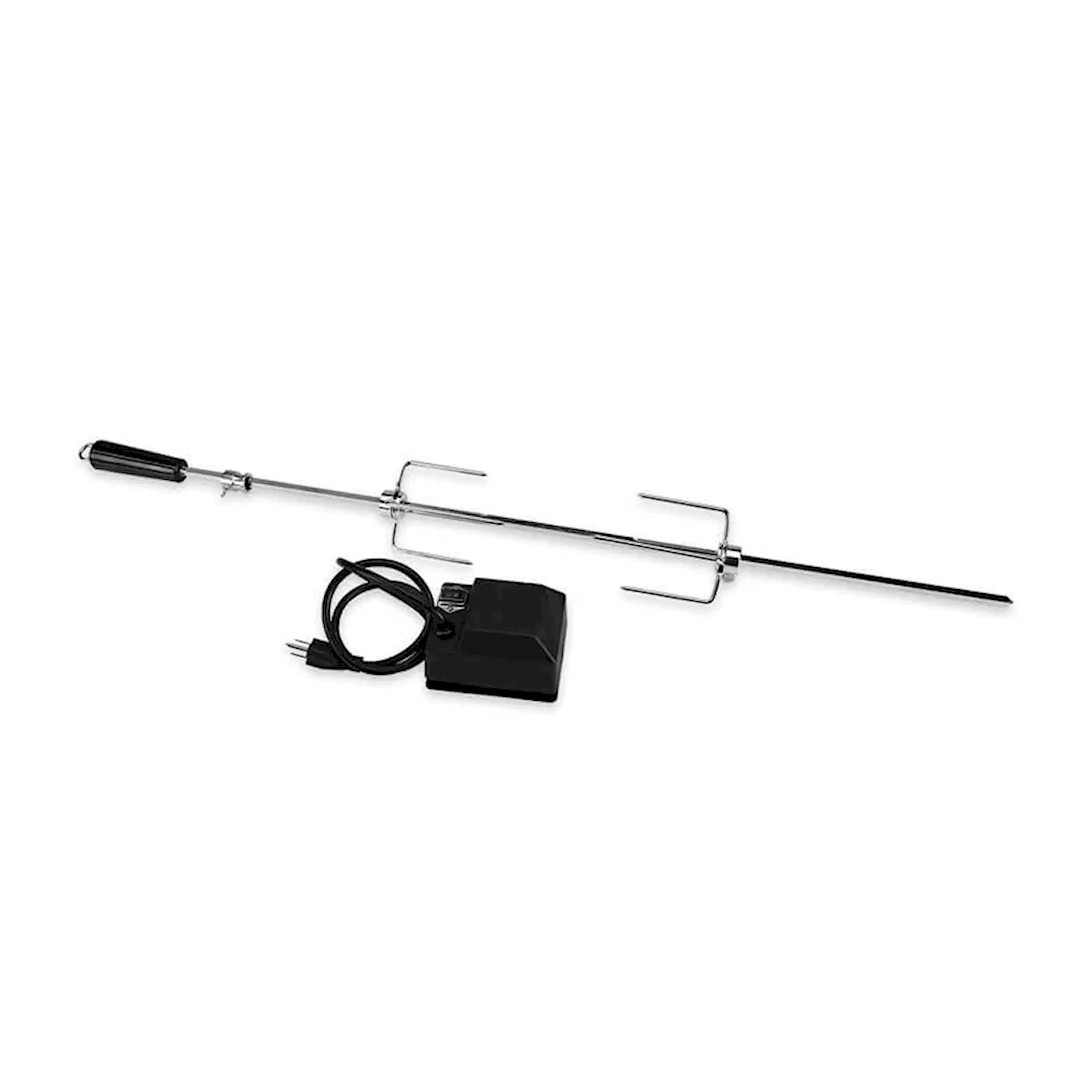 Rotisserie kit with stainless spit rod, mounting forks, and motor control