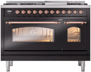 ILVE Nostalgie II 48-Inch Dual Fuel Freestanding Range in Glossy Black with Copper Trim (UP48FNMPBKPLP)
