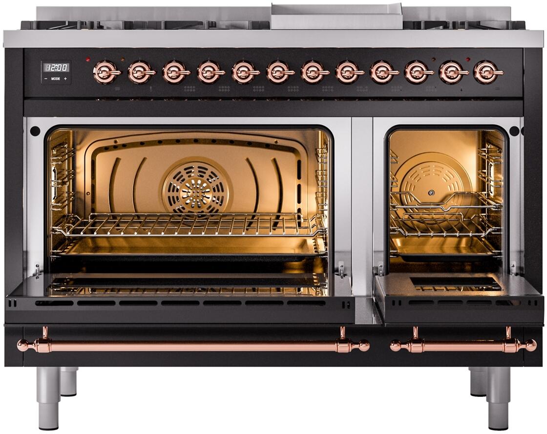 Black dual-fuel range with both oven doors open, copper handles, racks inside