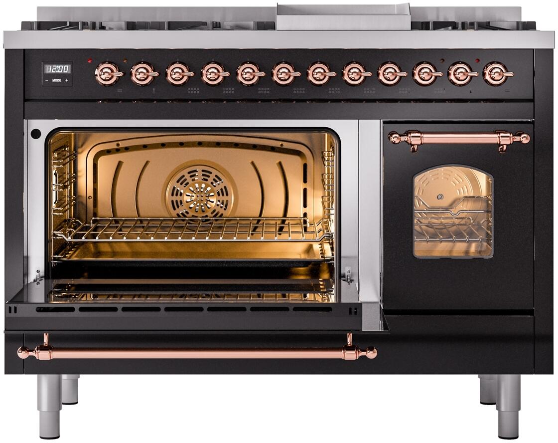 Black dual-fuel range with open ovens and copper handles, wire racks visible