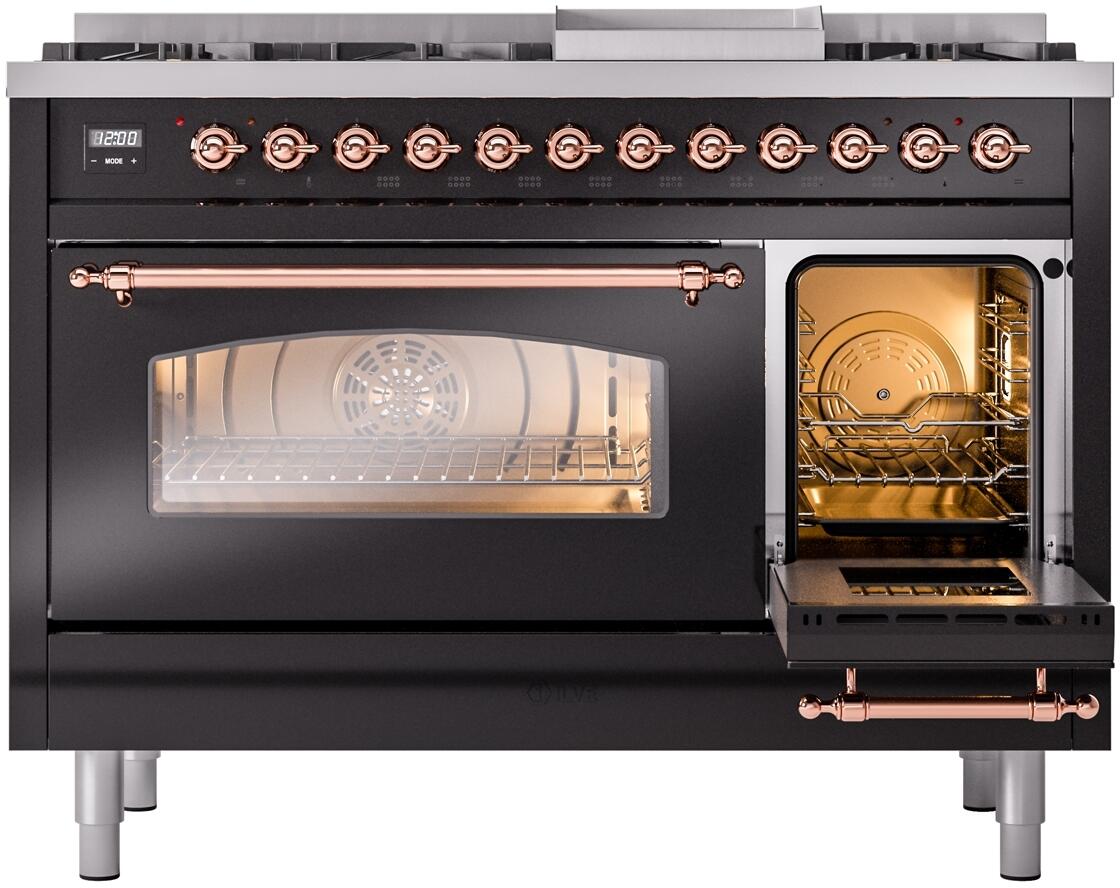 Black dual-fuel range front with one oven window lit and copper handle accents