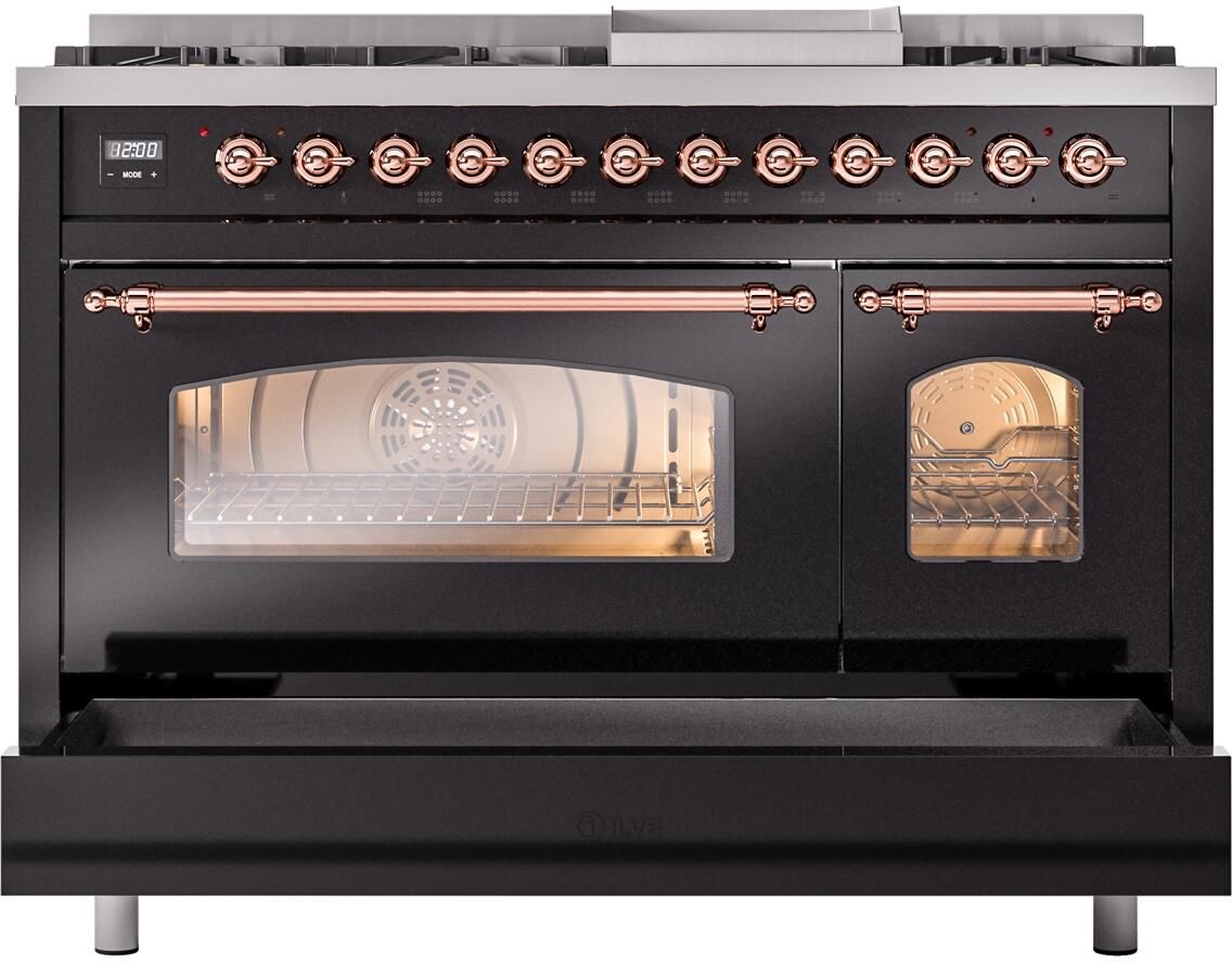 Glossy black freestanding dual fuel range with copper trim, oven window, and control knobs