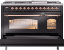 ILVE Nostalgie II 48-Inch Freestanding Natural Gas Dual Fuel Range in Glossy Black with Copper Trim (UP48FNMPBKP)