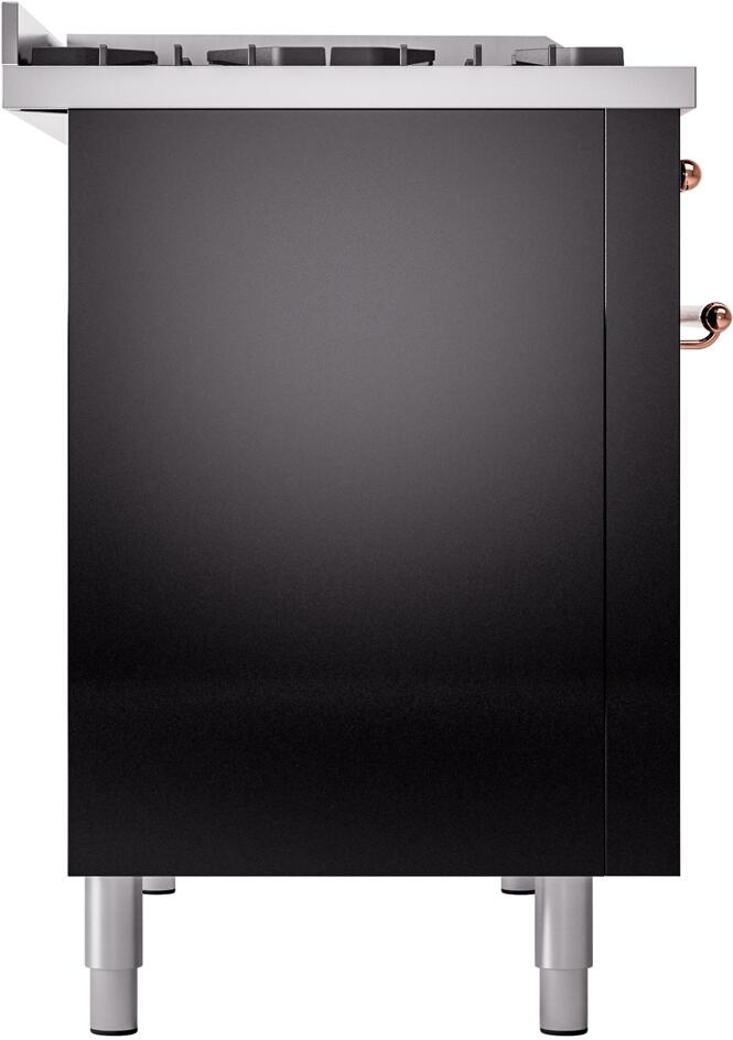 Freestanding dual fuel gas range side panel in glossy black with copper gas connection fitting.