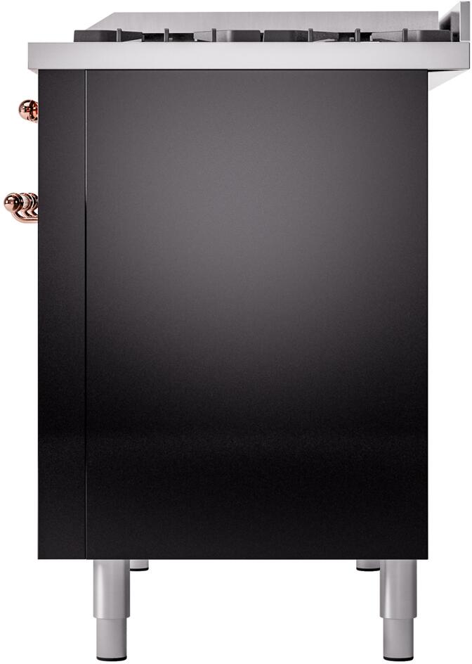 Glossy black freestanding range front with copper handle accents and four leveling legs