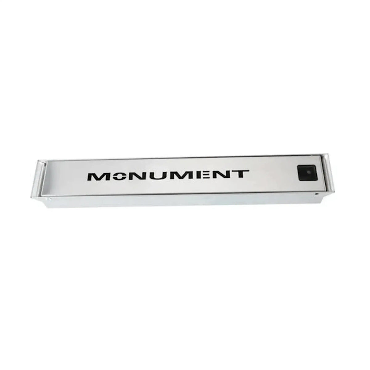 Stainless steel Monument smoker box with “MONUMENT” text and small control window