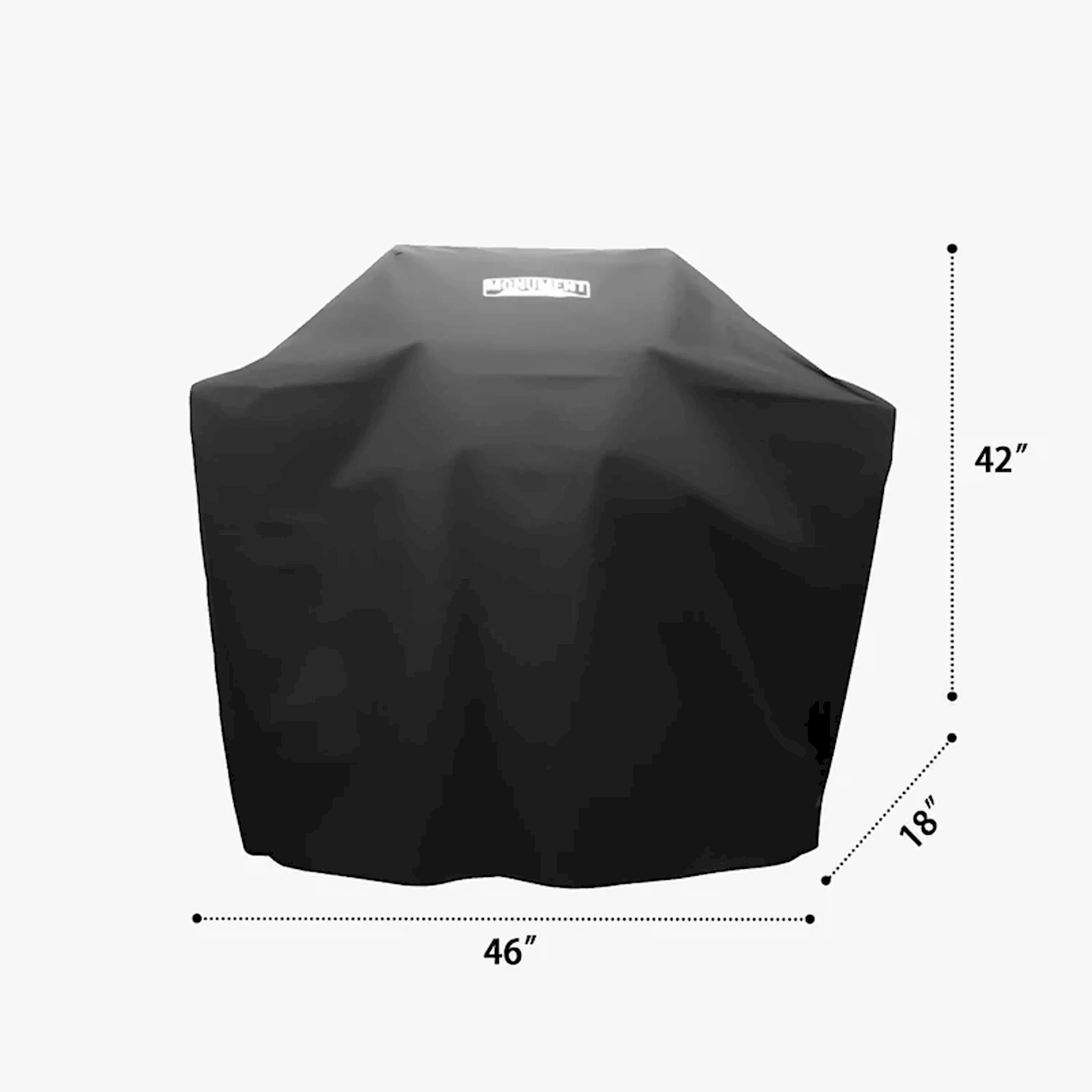 Black gas grill cover with fitted hood shape and logo
