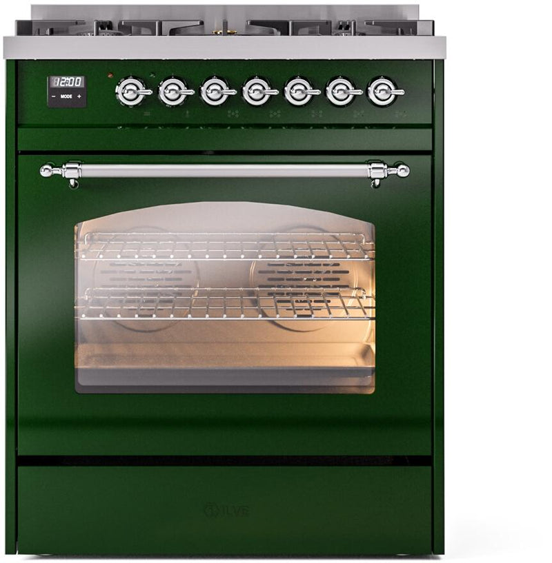 ILVE Nostalgie II 30-Inch Dual Fuel Freestanding Range in Emerald Green with Chrome Trim (UP30NMPEGC)