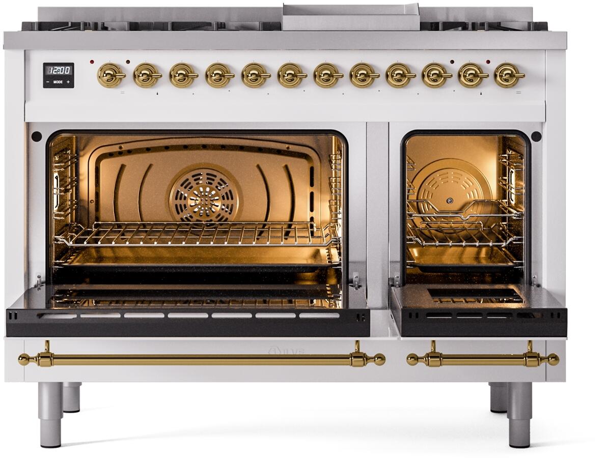 Freestanding dual-fuel gas range, white with brass trim, both ovens open with racks inside