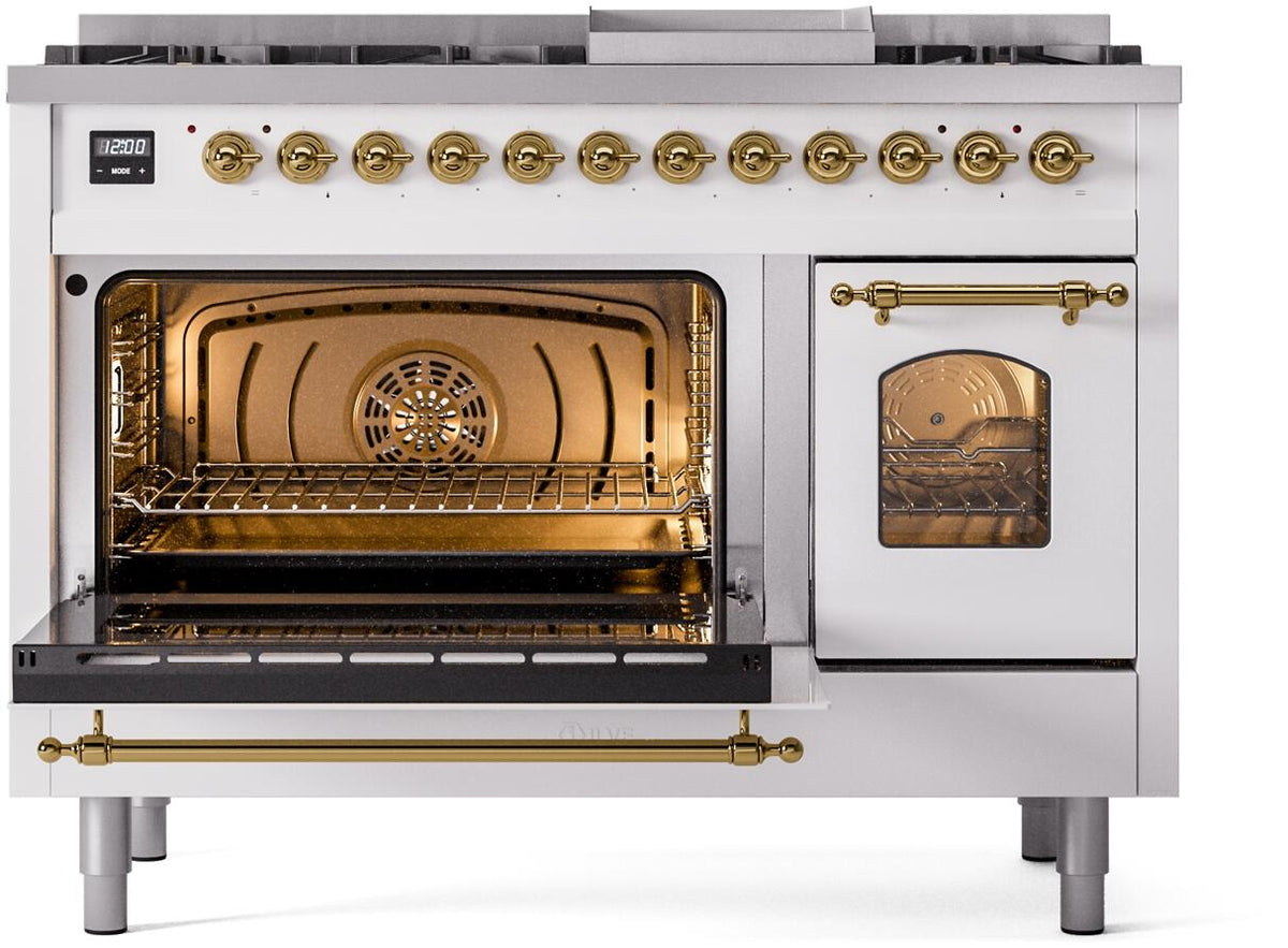 White dual fuel range with brass trim; main oven open and small oven closed, front view.