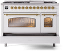 ILVE Nostalgie II 48-Inch Freestanding Natural Gas Dual Fuel Range in White with Brass Trim (UP48FNMPWHG)