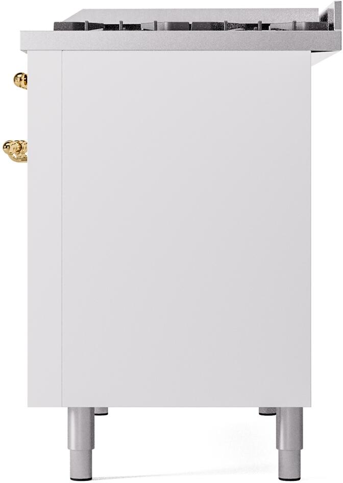 Freestanding dual-fuel gas range side/back panel in white with brass handle accents