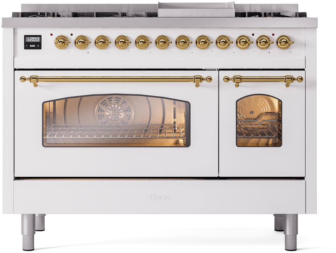 Freestanding dual fuel range with two oven doors and glass windows, brass accents