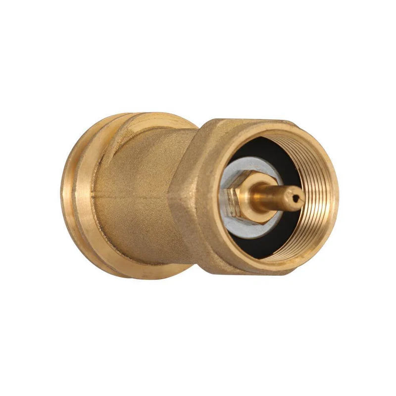 Brass tank adapter with threaded fitting and central valve stem for tank connection