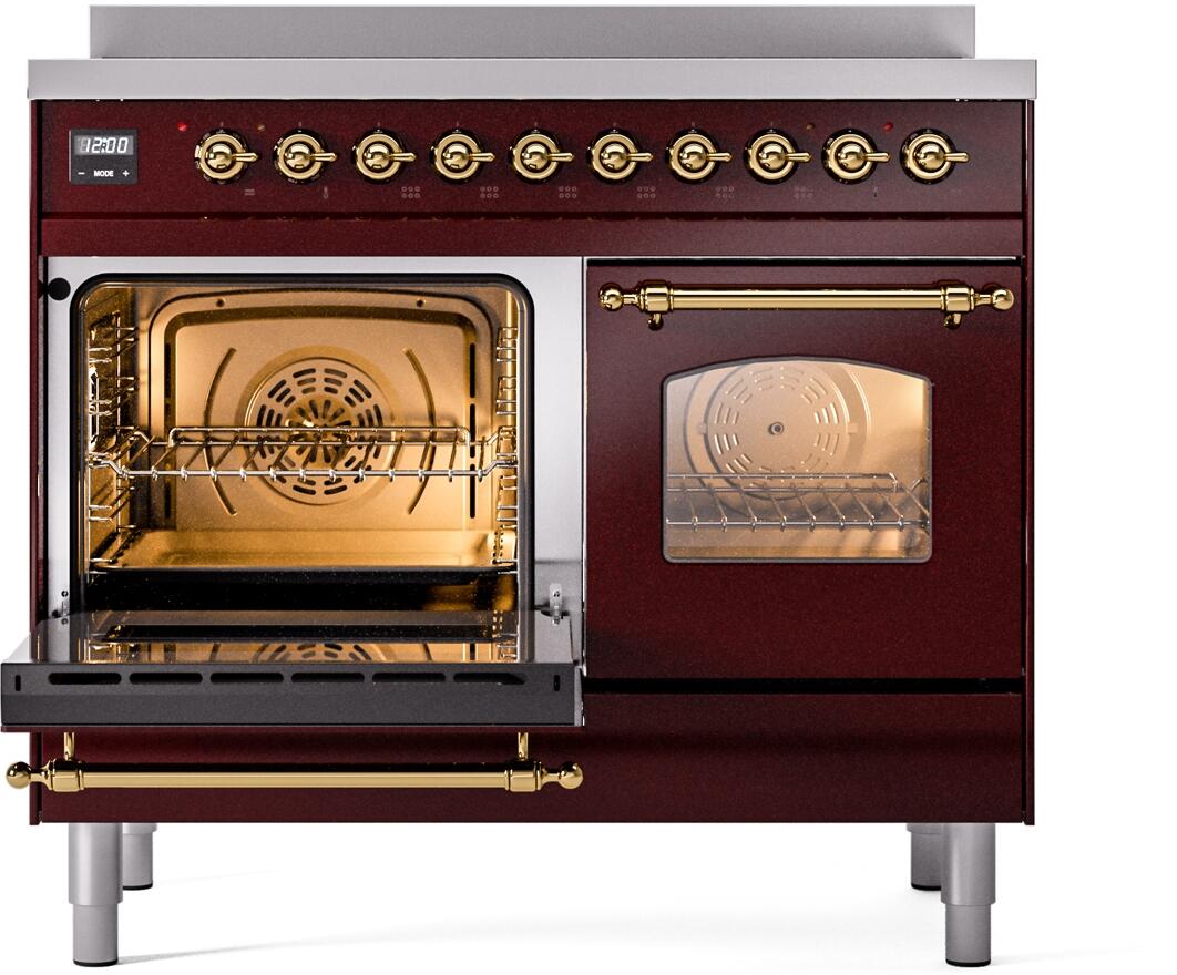 Burgundy electric induction range with one oven open and brass handle with rack