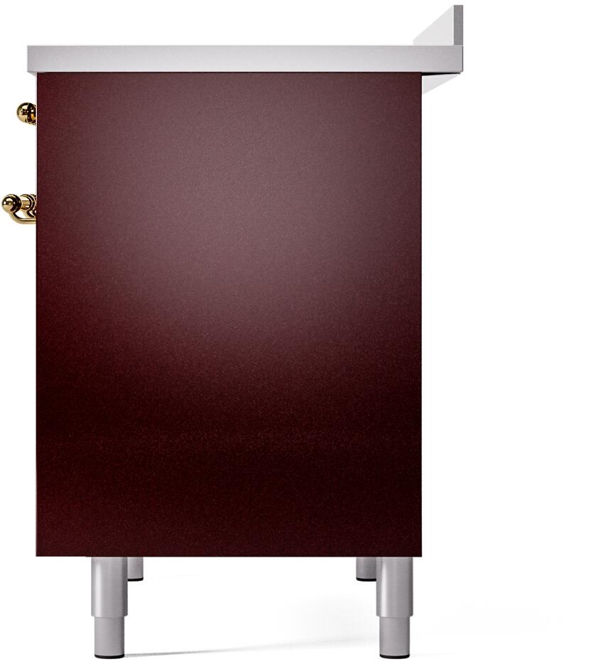 Burgundy end panel of an electric induction range with brass door handle