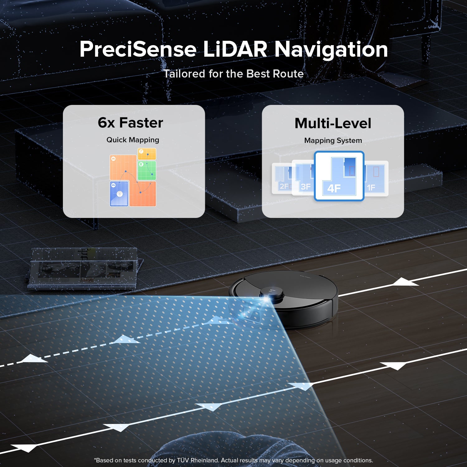 Robot vacuum with PreciseSense Lidar navigation, mapping lines on floor