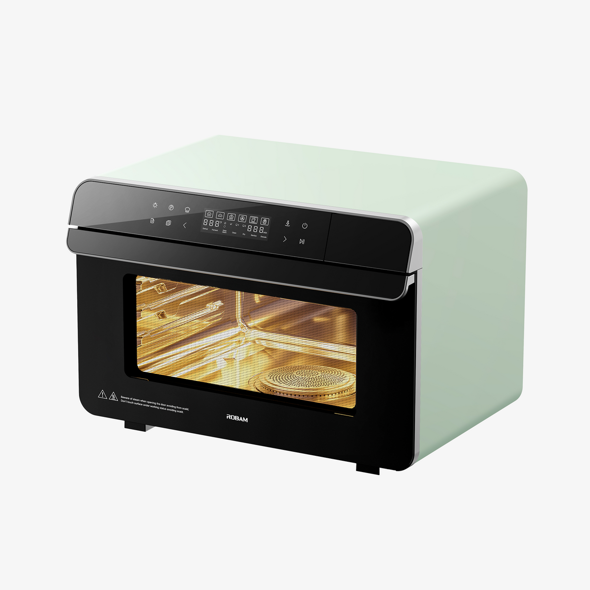 Mint-green ROBAM combi steam oven with open door and glowing circular rack