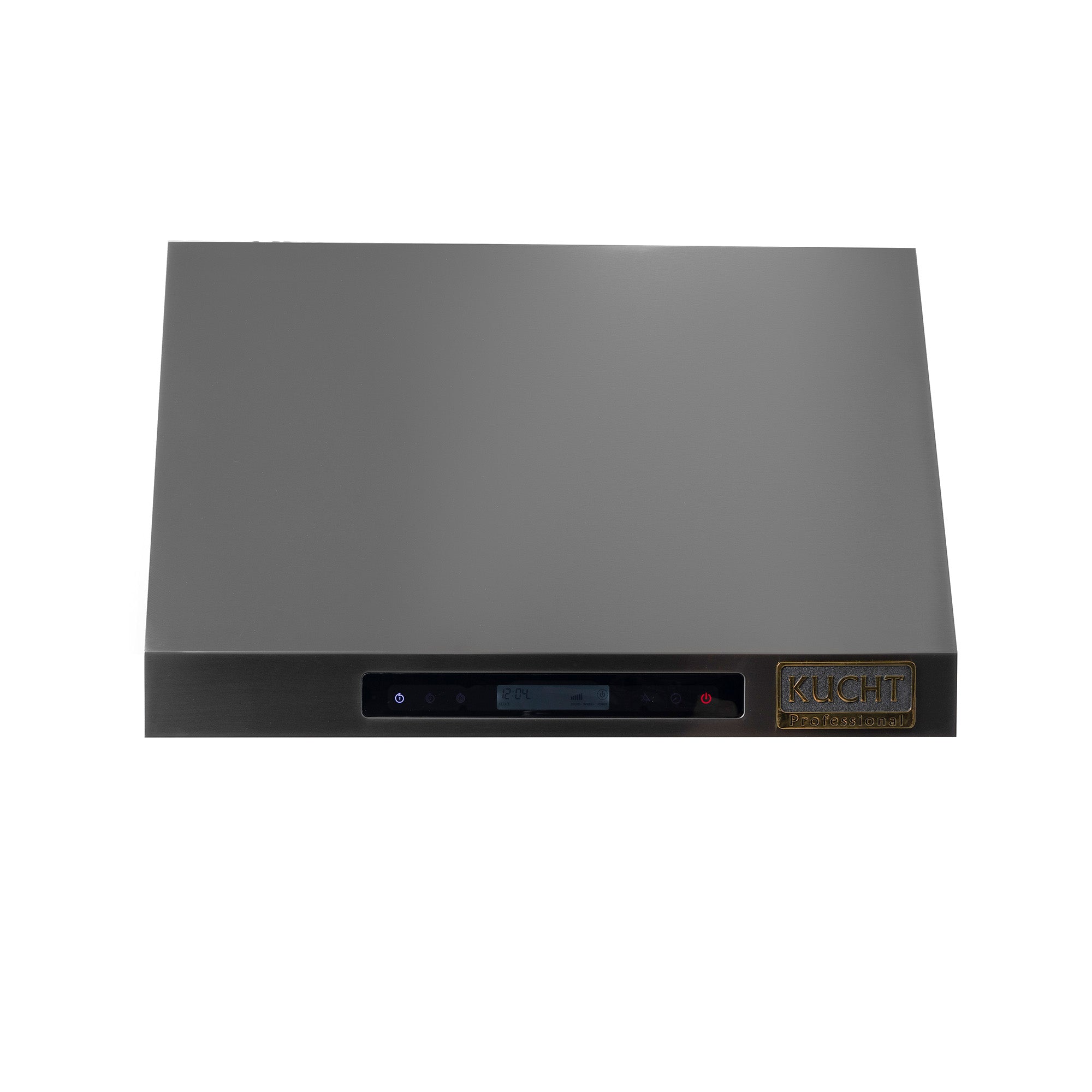 Dark titanium under-cabinet range hood front control strip with glowing indicators