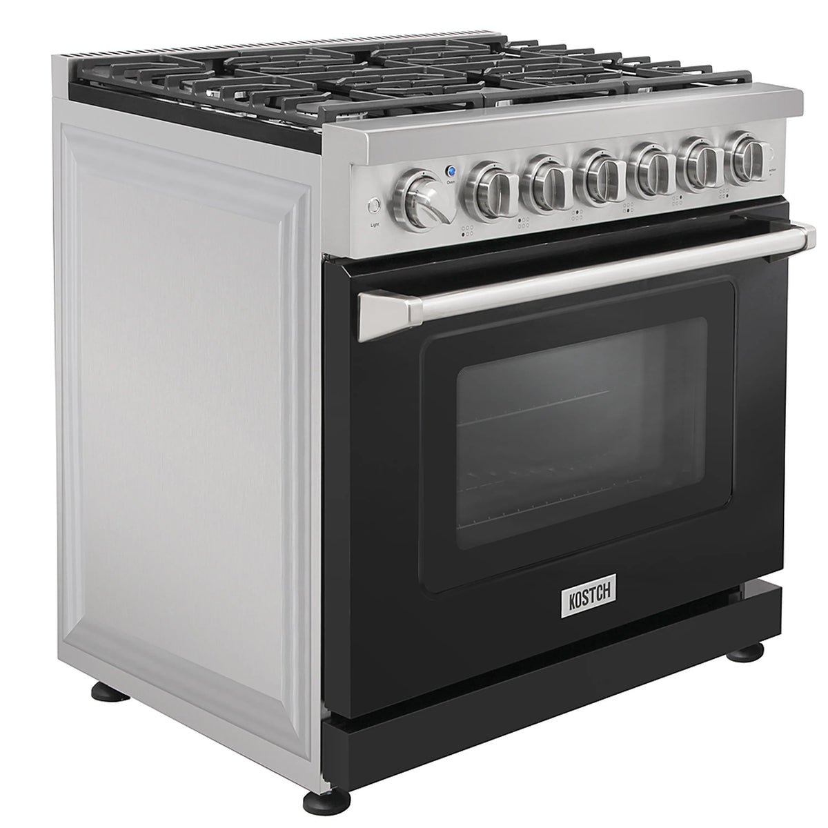 3/4 view gas range with stainless sides and black oven door window