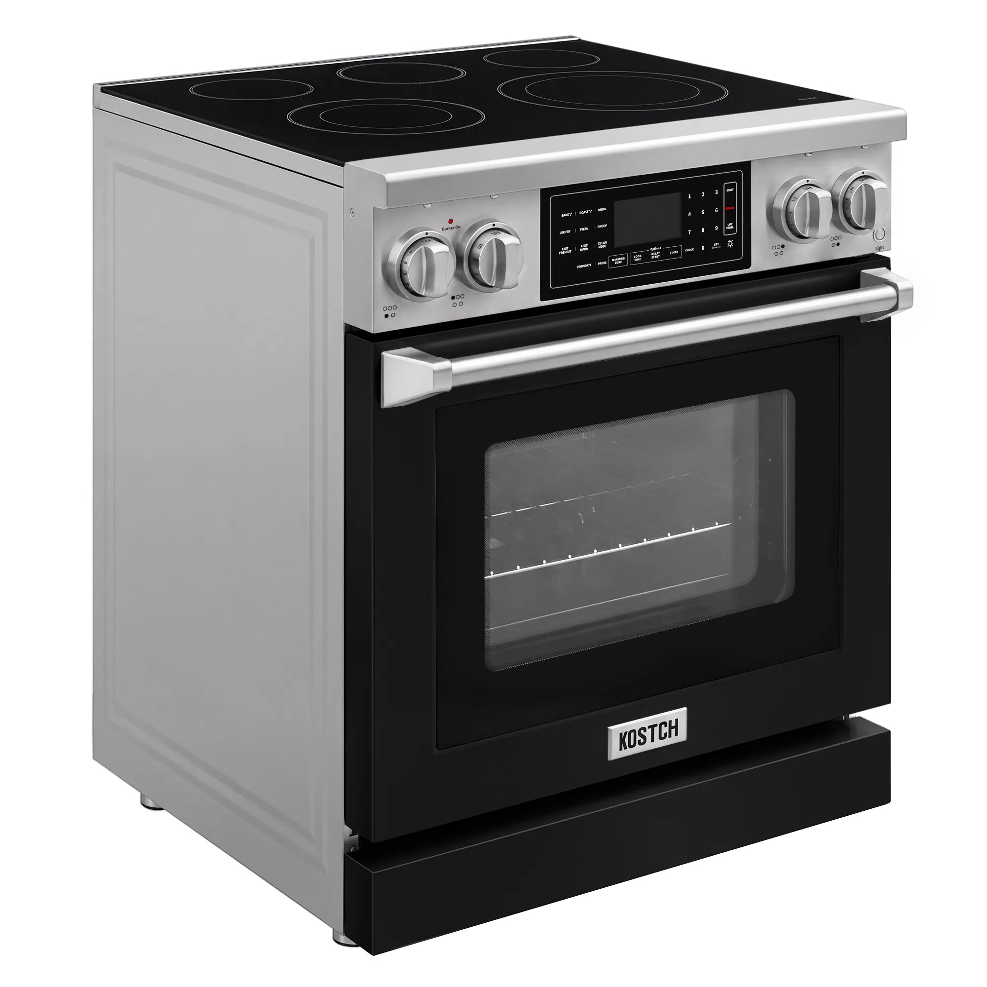 30-inch electric range with black oven door, glass window, and stainless control knobs