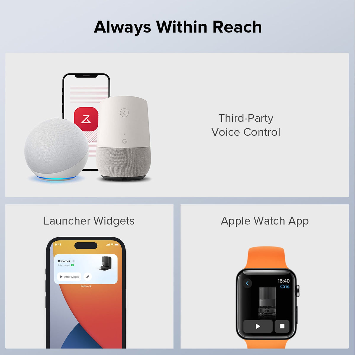 Robot vacuum and smart devices for voice control with app widget screenshots
