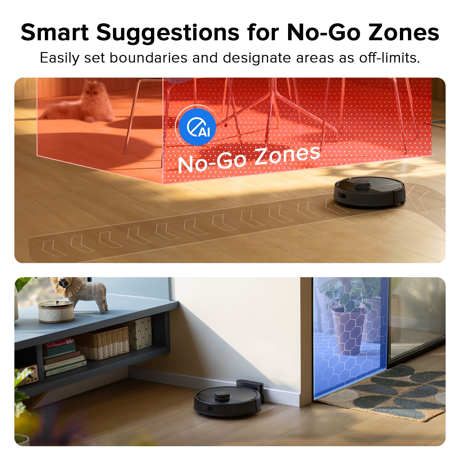 Robot vacuum near wall with no-go zone boundary overlay